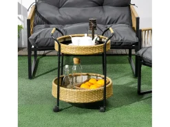 Carrito de servicio redondo con 2 estantes, ratán natural, estructura de metal, ruedas con freno, amarillo (50x50x66cm)