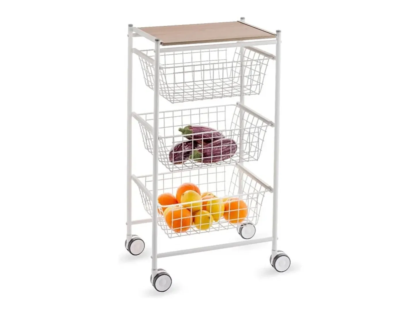 Carrito verdulero con 3 cestas extraíbles grandes- Blanco-Haya - 81*43,7*32,5 cm - AXO