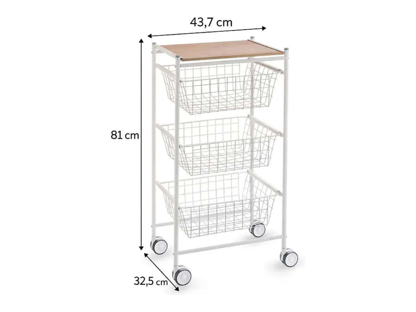Carrito verdulero con 3 cestas extraíbles grandes- Blanco-Haya - 81*43,7*32,5 cm - AXO