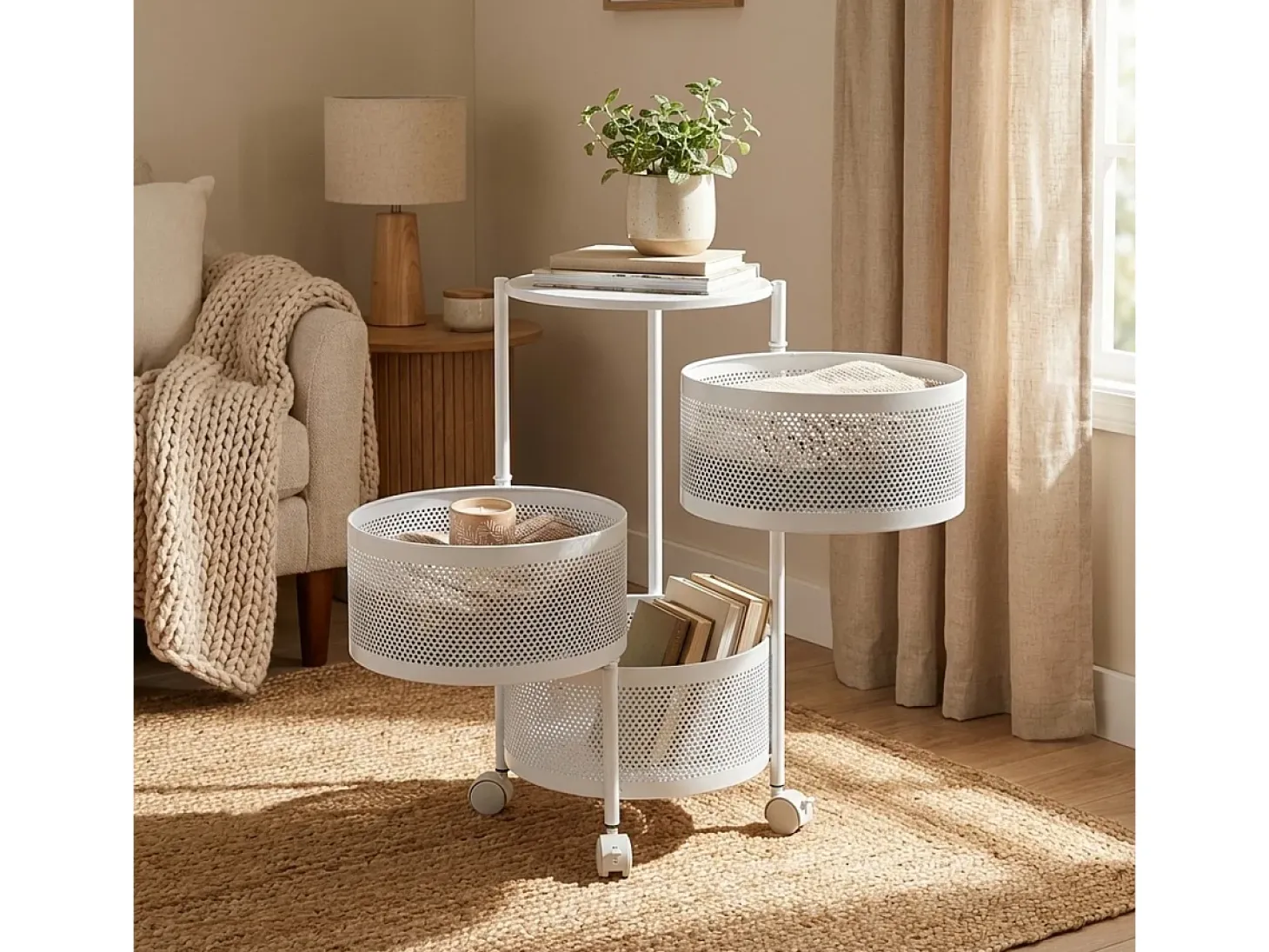 Carrito verdulero de cocina moderno con ruedas 3 cestas giratorias Rodin M - Blanco