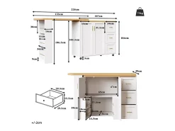 Carro de bar extensible con 2 puertas y 3 cajones, con ruedas, mostrador exterior de madera, blanco