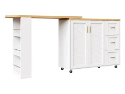 Carro de bar extensible con 2 puertas y 3 cajones, con ruedas, mostrador exterior de madera, blanco