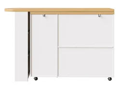 Carro de bar extensible con 2 puertas y 3 cajones, con ruedas, mostrador exterior de madera, blanco