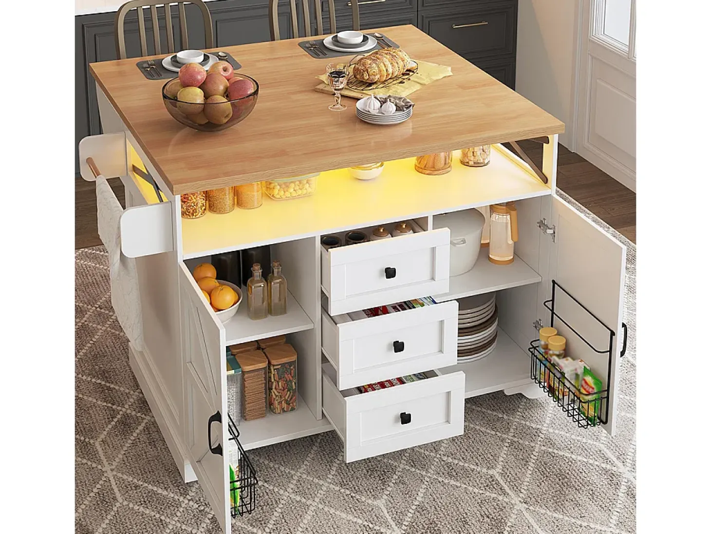 Carro de cocina con mesa plegable e iluminación LED, soporte para aperitivos, mesa de comedor con espacio de almacenamiento, blanco