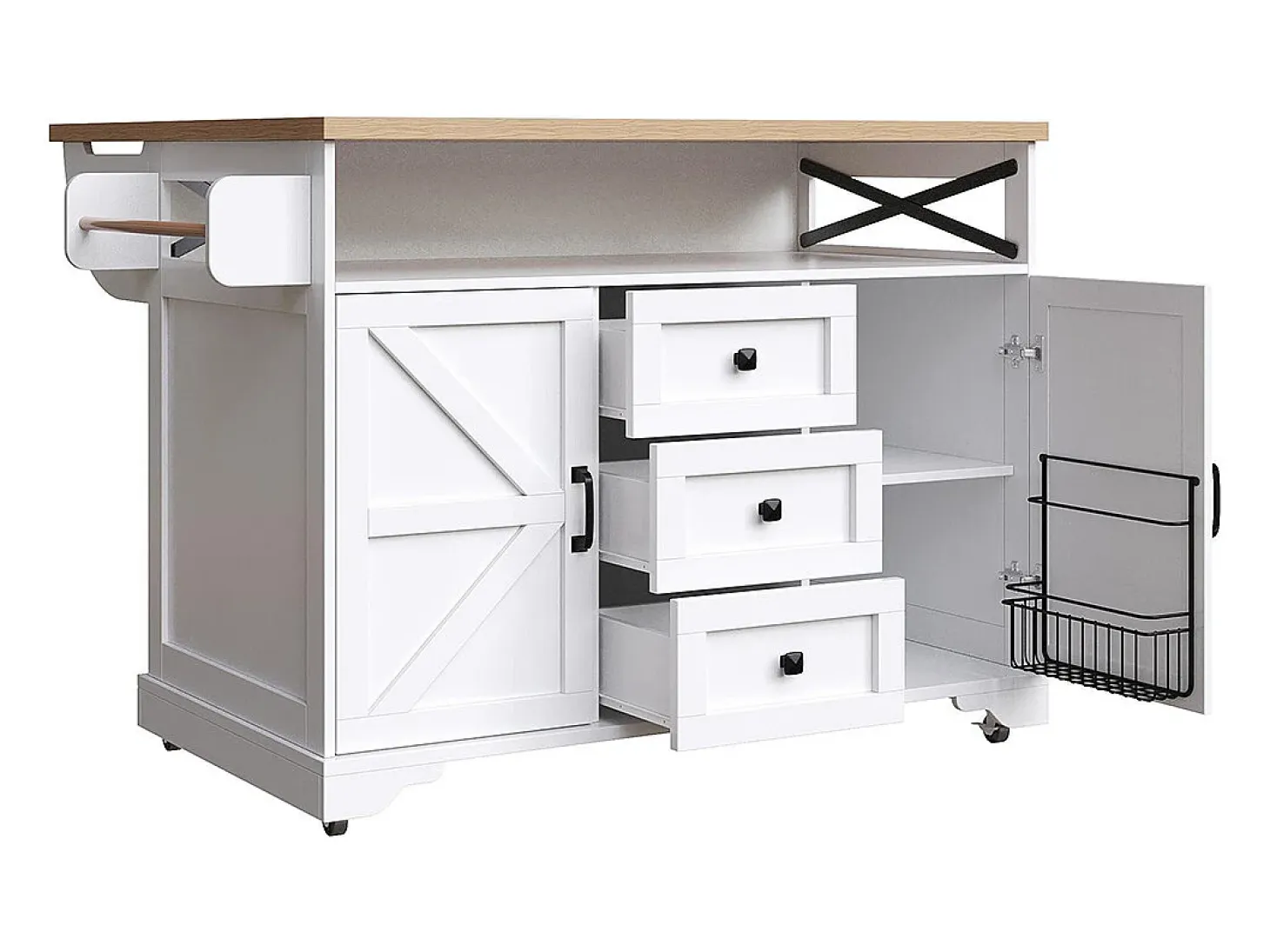 Carro de cocina con mesa plegable e iluminación LED, soporte para aperitivos, mesa de comedor con espacio de almacenamiento, blanco
