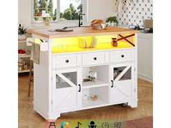 Carro de cocina multifuncional con aplicación LED y mesa plegable, móvil con tres cajones y dos puertas de armario, blanco
