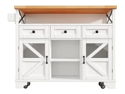 Carro de cocina multifuncional con aplicación LED y mesa plegable, móvil con tres cajones y dos puertas de armario, blanco