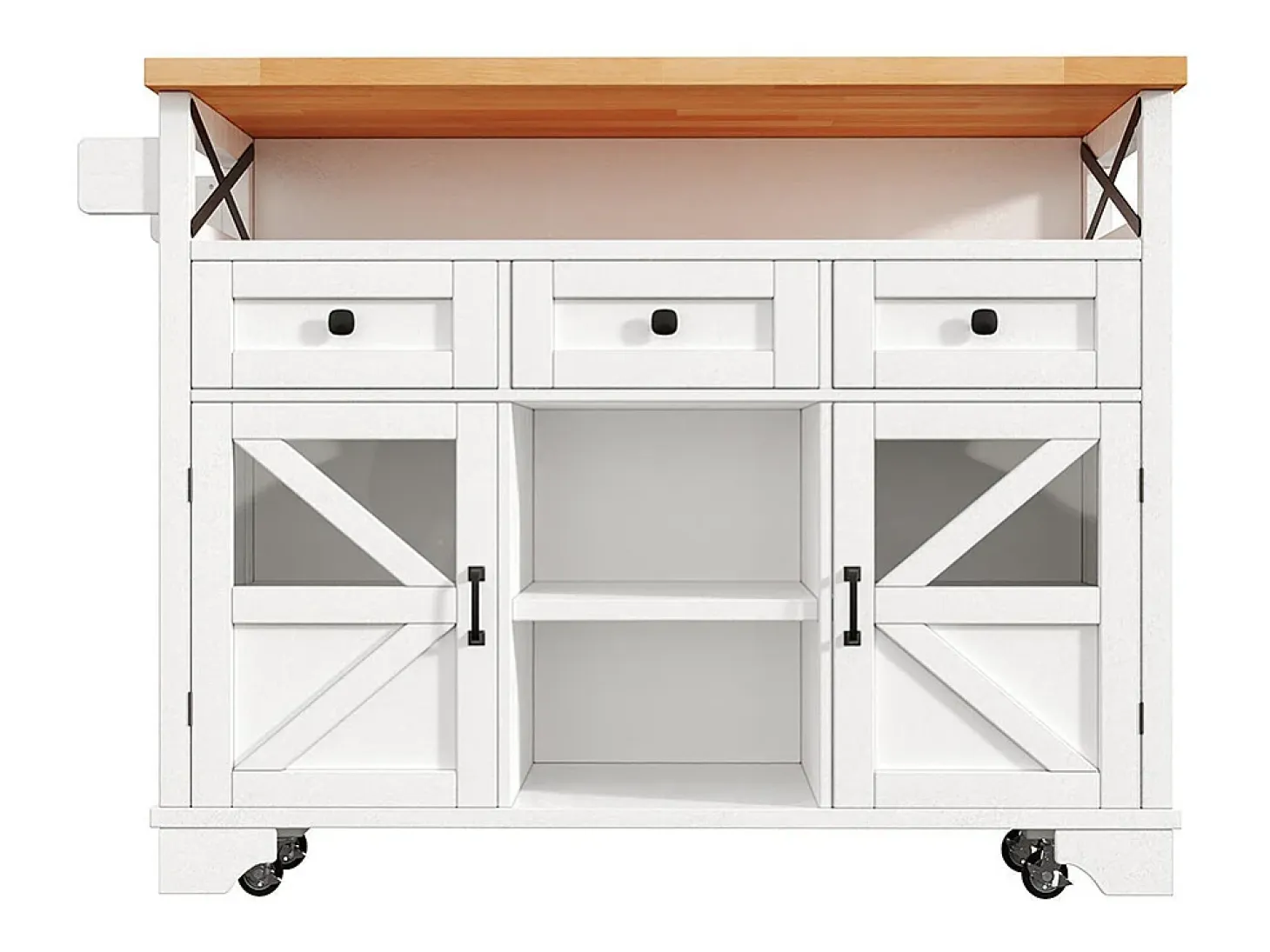 Carro de cocina multifuncional con aplicación LED y mesa plegable, móvil con tres cajones y dos puertas de armario, blanco