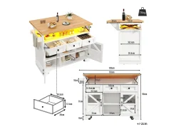 Carro de cocina multifuncional con aplicación LED y mesa plegable, móvil con tres cajones y dos puertas de armario, blanco