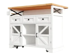 Carro de cocina multifuncional con aplicación LED y mesa plegable, móvil con tres cajones y dos puertas de armario, blanco
