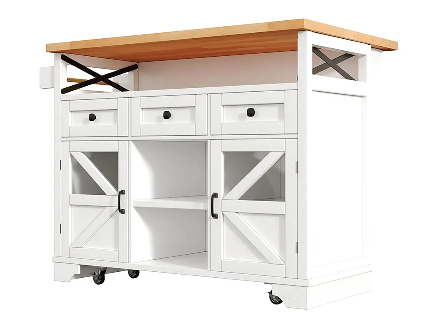 Carro de cocina multifuncional con aplicación LED y mesa plegable, móvil con tres cajones y dos puertas de armario, blanco