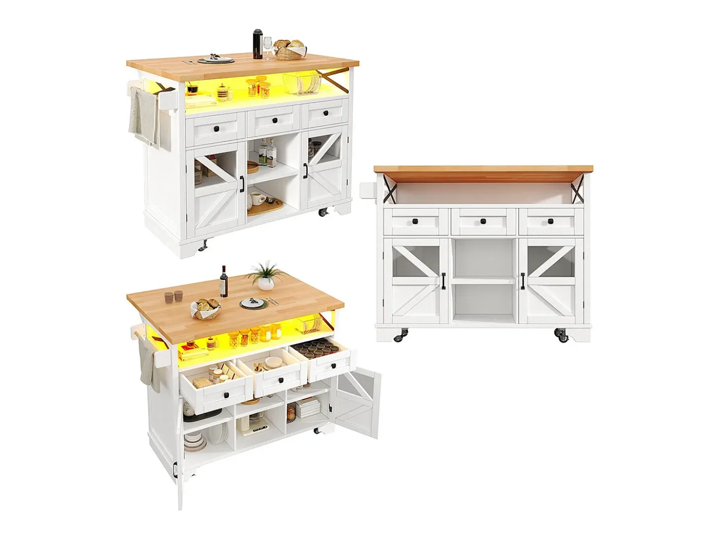 Carro de cocina multifuncional con aplicación LED y mesa plegable, móvil con tres cajones y dos puertas de armario, blanco