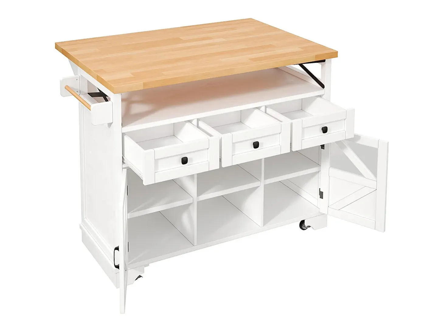 Carro de cocina multifuncional con aplicación LED y mesa plegable, móvil con tres cajones y dos puertas de armario, blanco