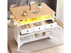 Carro de cocina multifuncional con aplicación LED y mesa plegable, móvil con tres cajones y dos puertas de armario, blanco