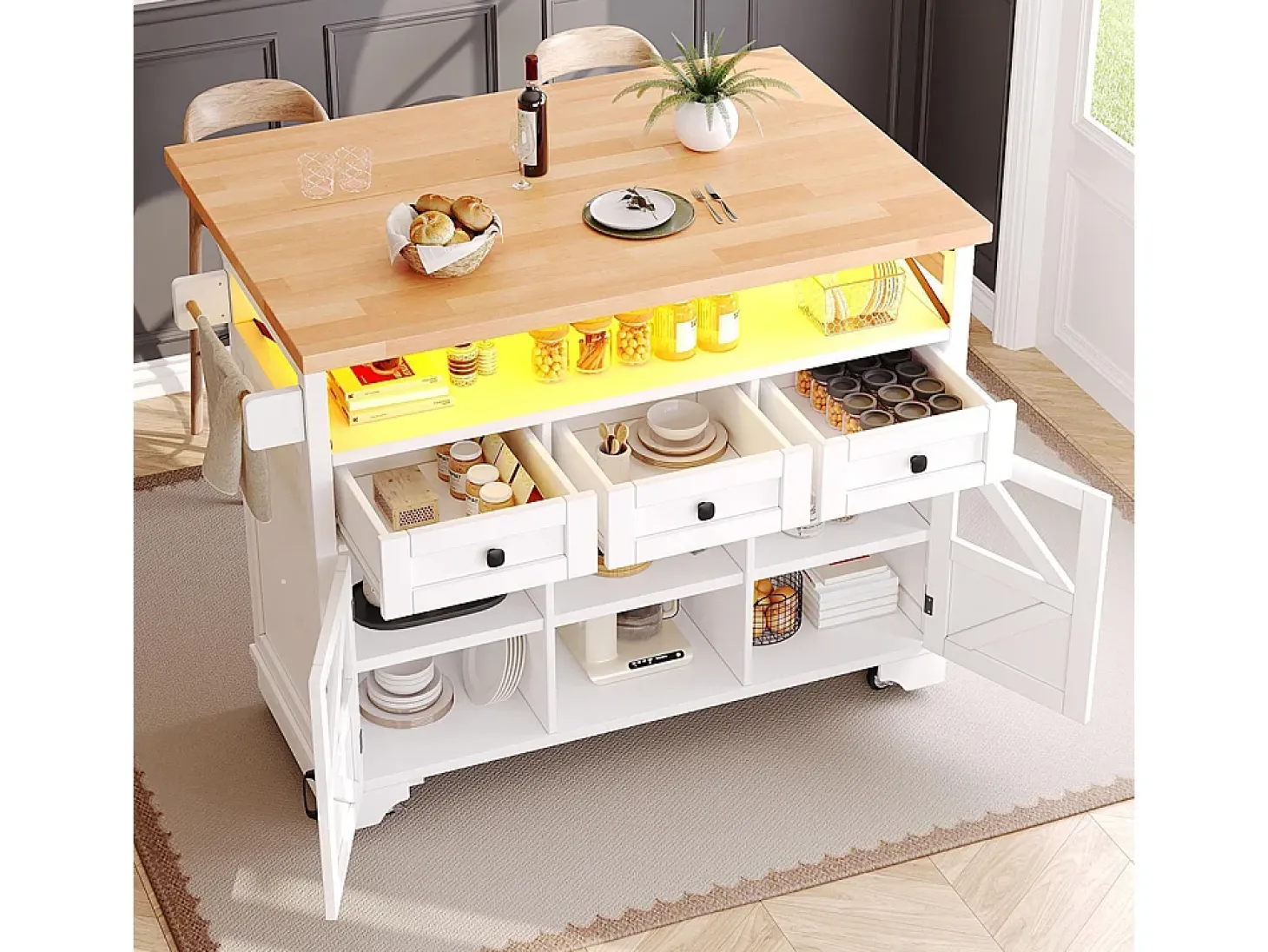 Carro de cocina multifuncional con aplicación LED y mesa plegable, móvil con tres cajones y dos puertas de armario, blanco