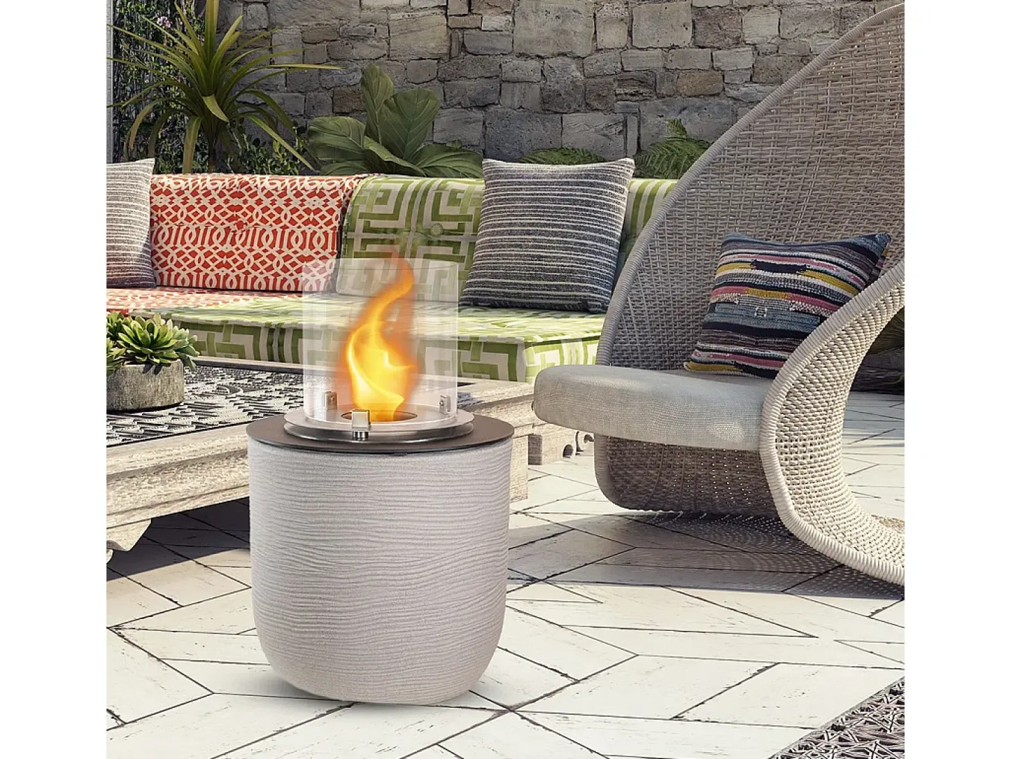 Chimenea de bioetanol, brasero de jardín, de pie, para uso interior y exterior, RAFFAELLO Corda Beige, d.35 x h.55