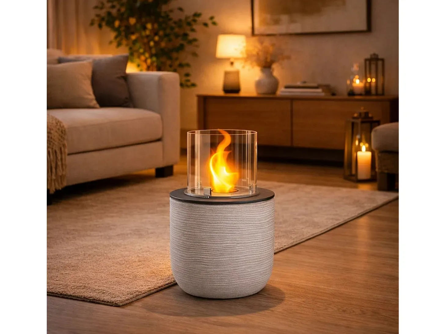 Chimenea de bioetanol, brasero de jardín, de pie, para uso interior y exterior, RAFFAELLO Corda Beige, d.35 x h.55