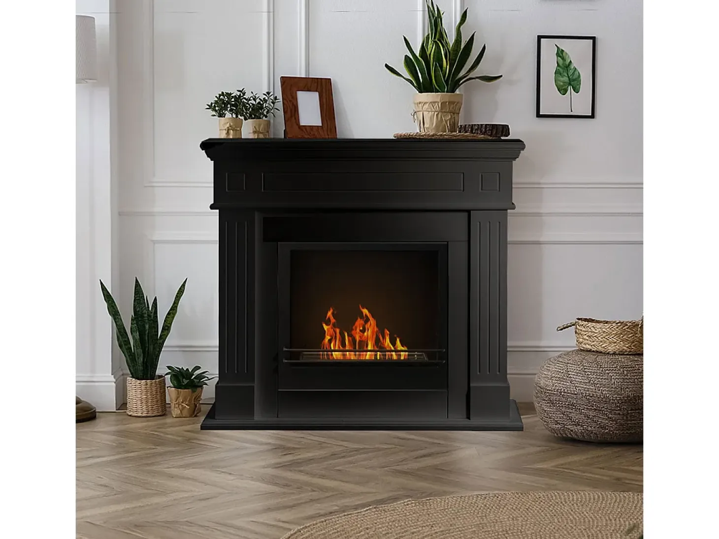 Chimenea de bioetanol Cambridge, biochimenea de suelo, madera negra, 110x37x102h