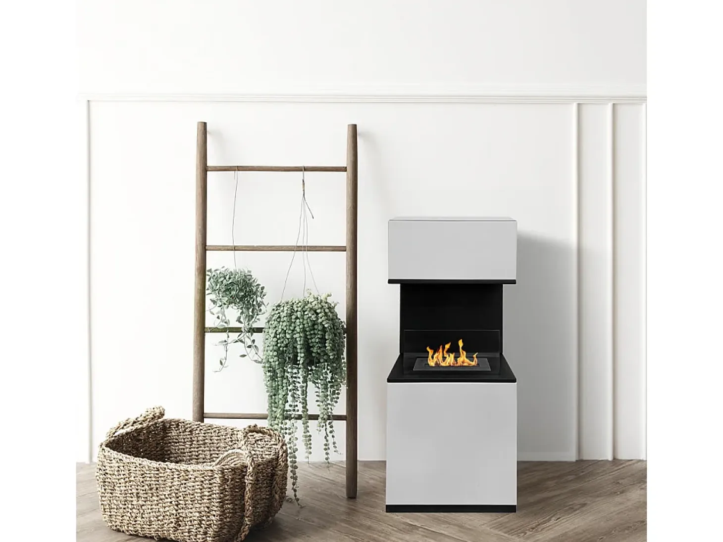 Chimenea de bioetanol de suelo Oslo en acero blanco L38xP38xH100