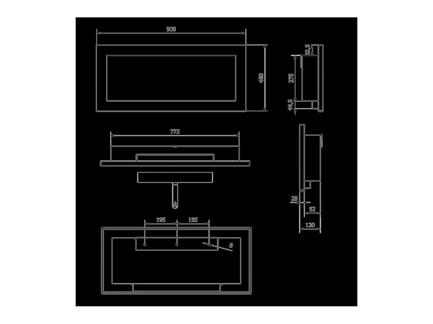 Chimenea de bioetanol Lucca Black de pared o empotrada L 90 x P 12 x H 40