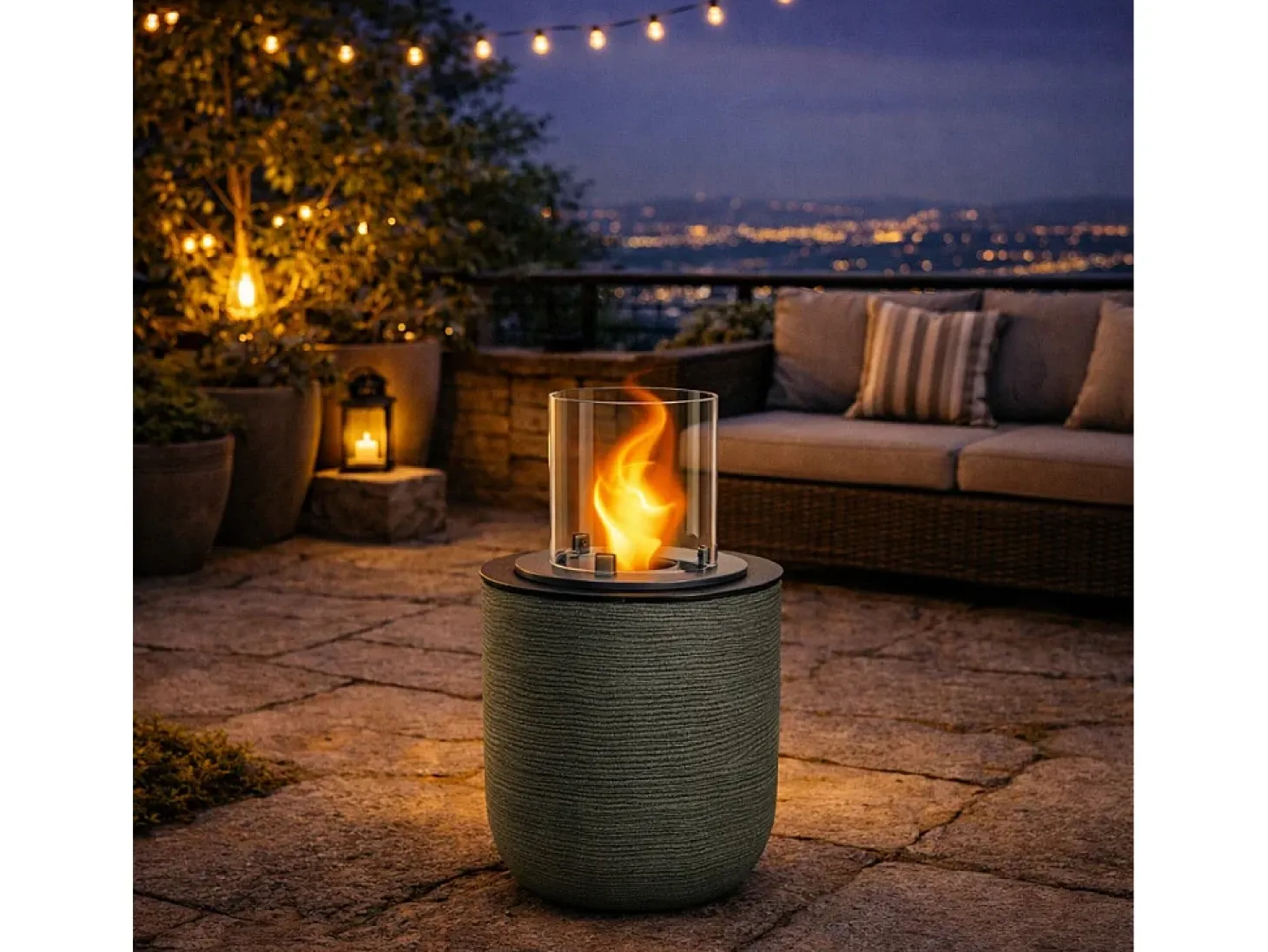 Chimenea de bioetanol RAFFAELLO Sage Green, brasero de jardín, de pie, para uso interior y exterior, d.35 x h.55
