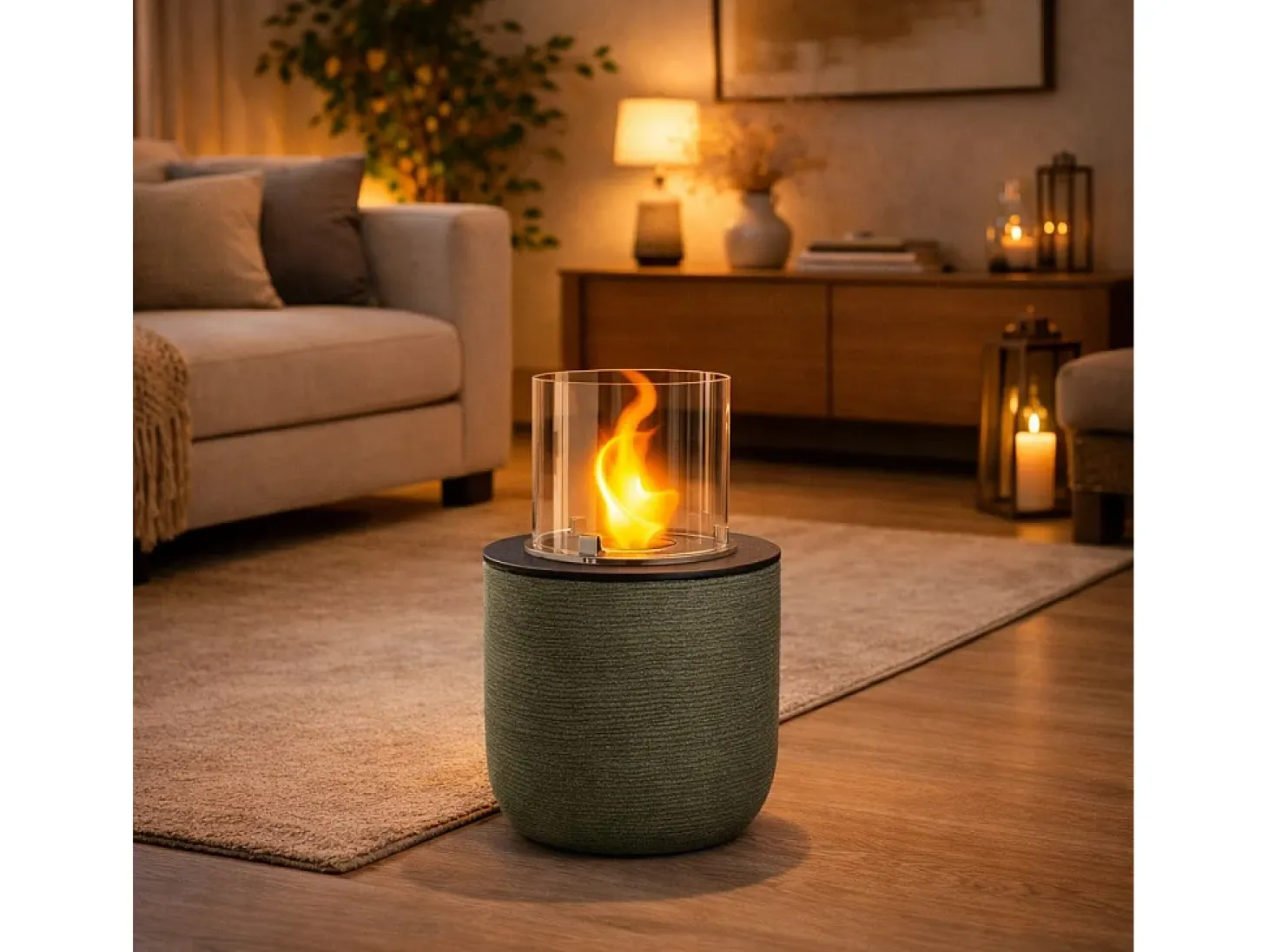 Chimenea de bioetanol RAFFAELLO Sage Green, brasero de jardín, de pie, para uso interior y exterior, d.35 x h.55
