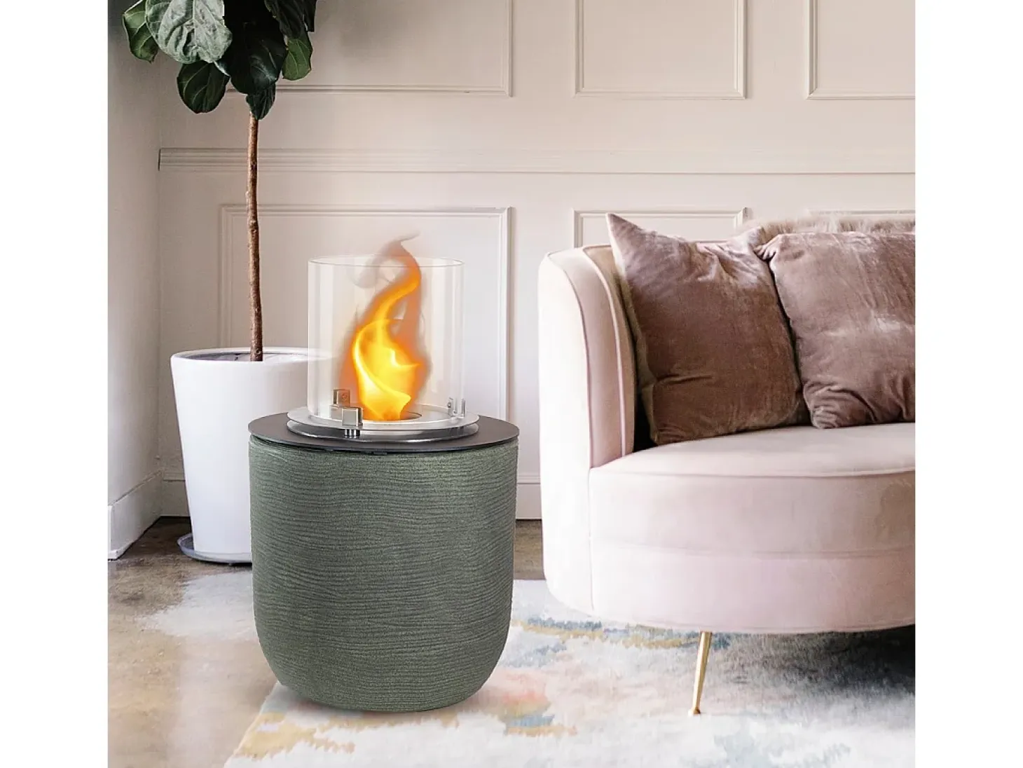 Chimenea de bioetanol RAFFAELLO Sage Green, brasero de jardín, de pie, para uso interior y exterior, d.35 x h.55