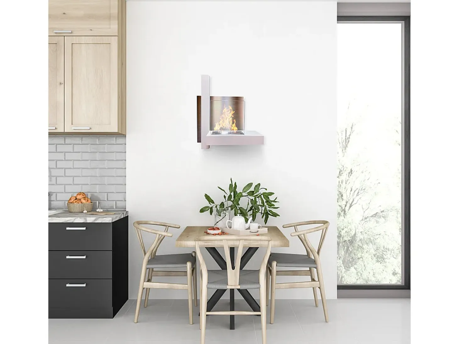Chimenea de bioetanol VIENNA, biochimenea de pared, blanca, L65 x H75 x D23