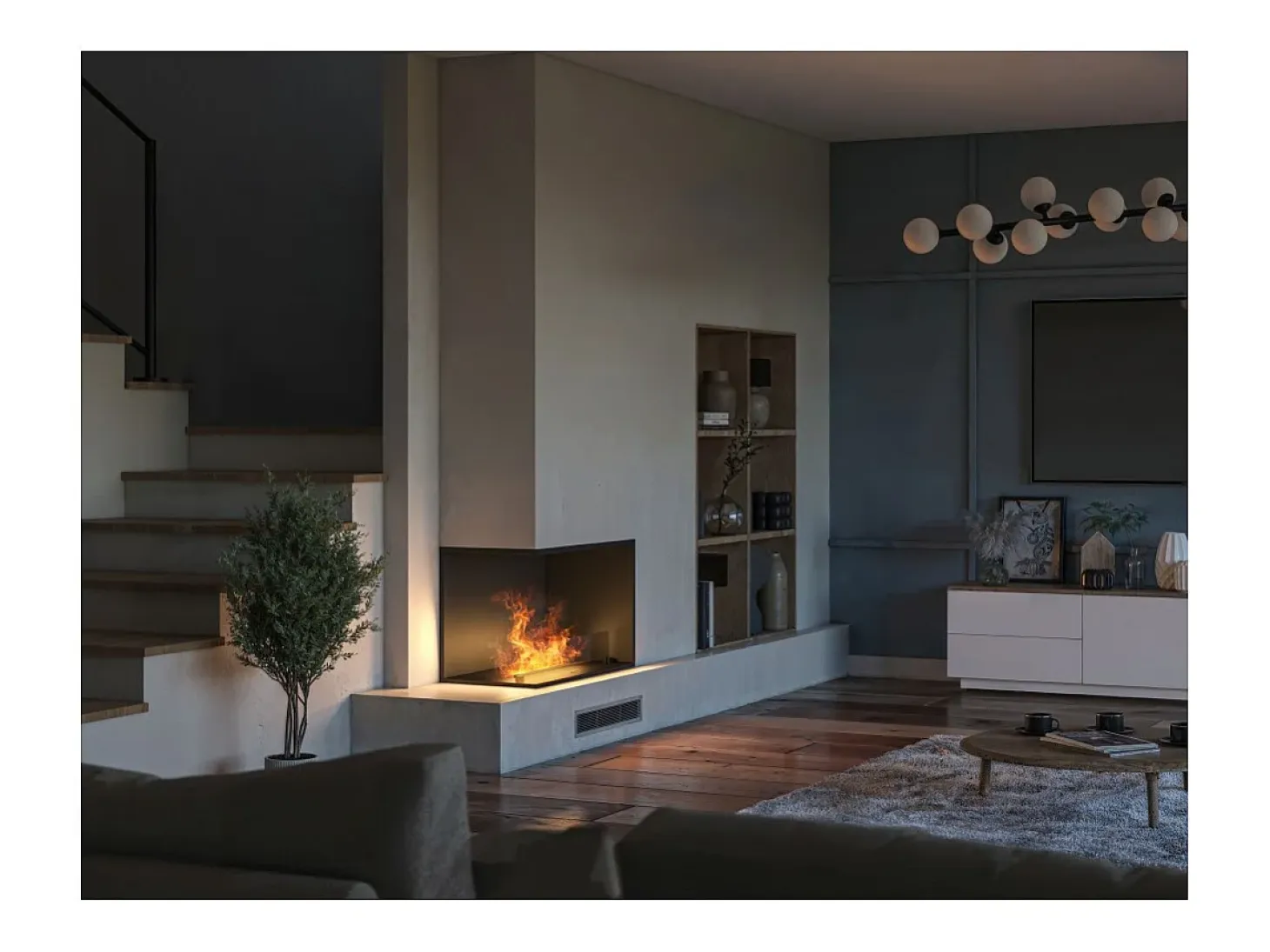 Chimenea de vapor de agua empotrada Corner L800 con llama multicolor, efecto 3D y control mediante app, depósito de 1,2 l - 80 cm