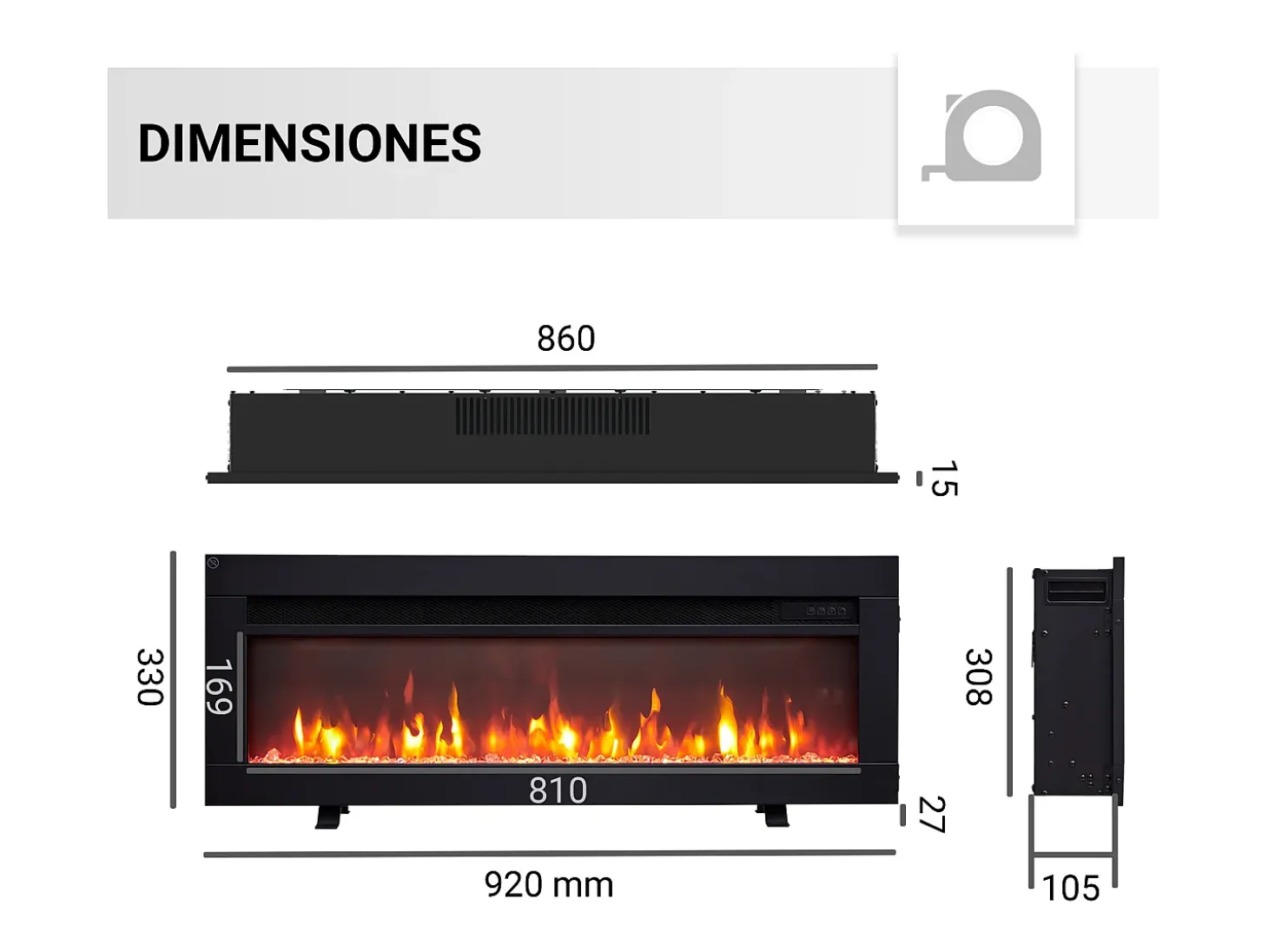 Chimenea eléctrica BALDERIA Agnes 36 - Chimenea de pie, de pared o empotrable - Negro