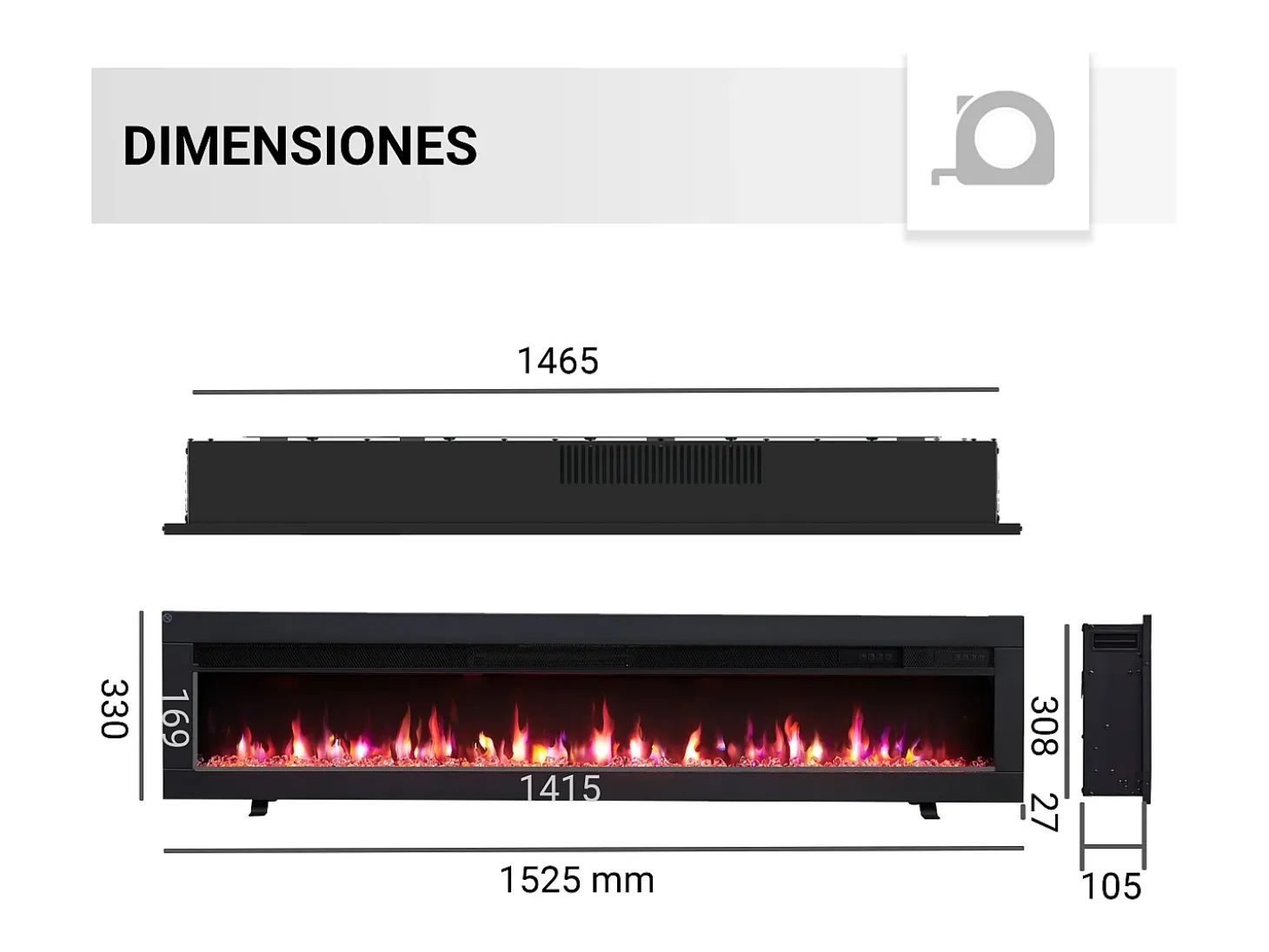 Chimenea eléctrica BALDERIA Agnes 60 - Chimenea de pared o empotrable - Negro