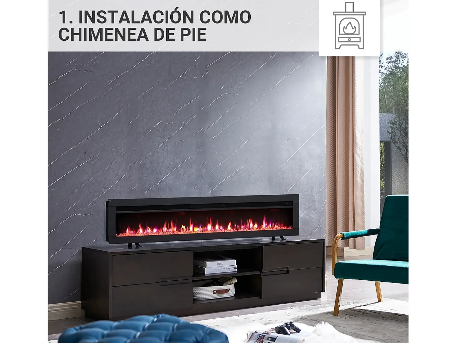 Chimenea eléctrica BALDERIA Agnes 60 - Chimenea de pared o empotrable - Negro