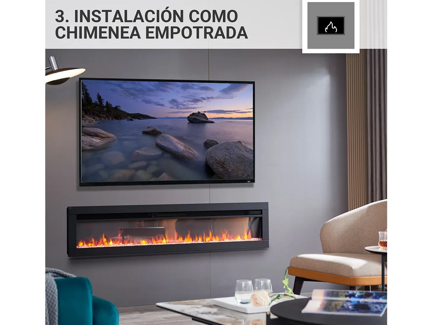 Chimenea eléctrica BALDERIA Agnes 60 - Chimenea de pared o empotrable - Negro