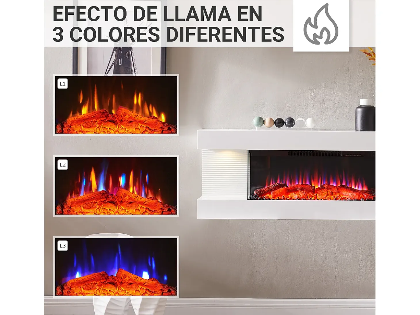 Chimenea eléctrica BALDERIA Lumina - Chimenea de pared - Blanca