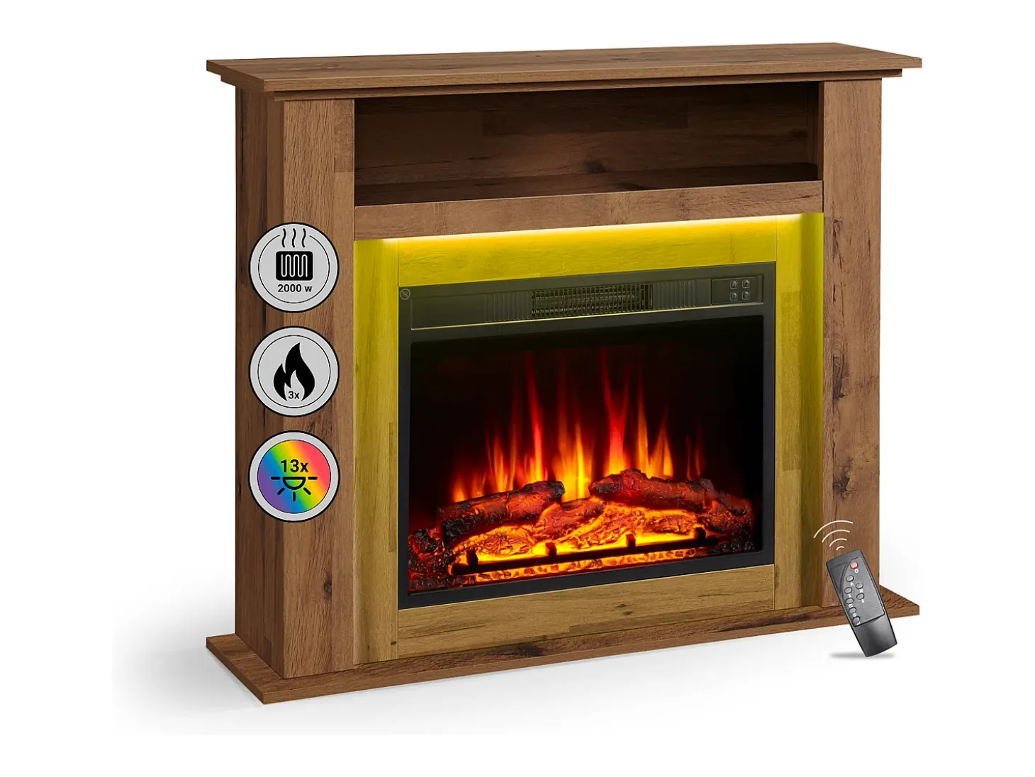 Chimenea eléctrica BALDERIA Liora - Chimenea de pie, estante, calefacción - Roble oscuro