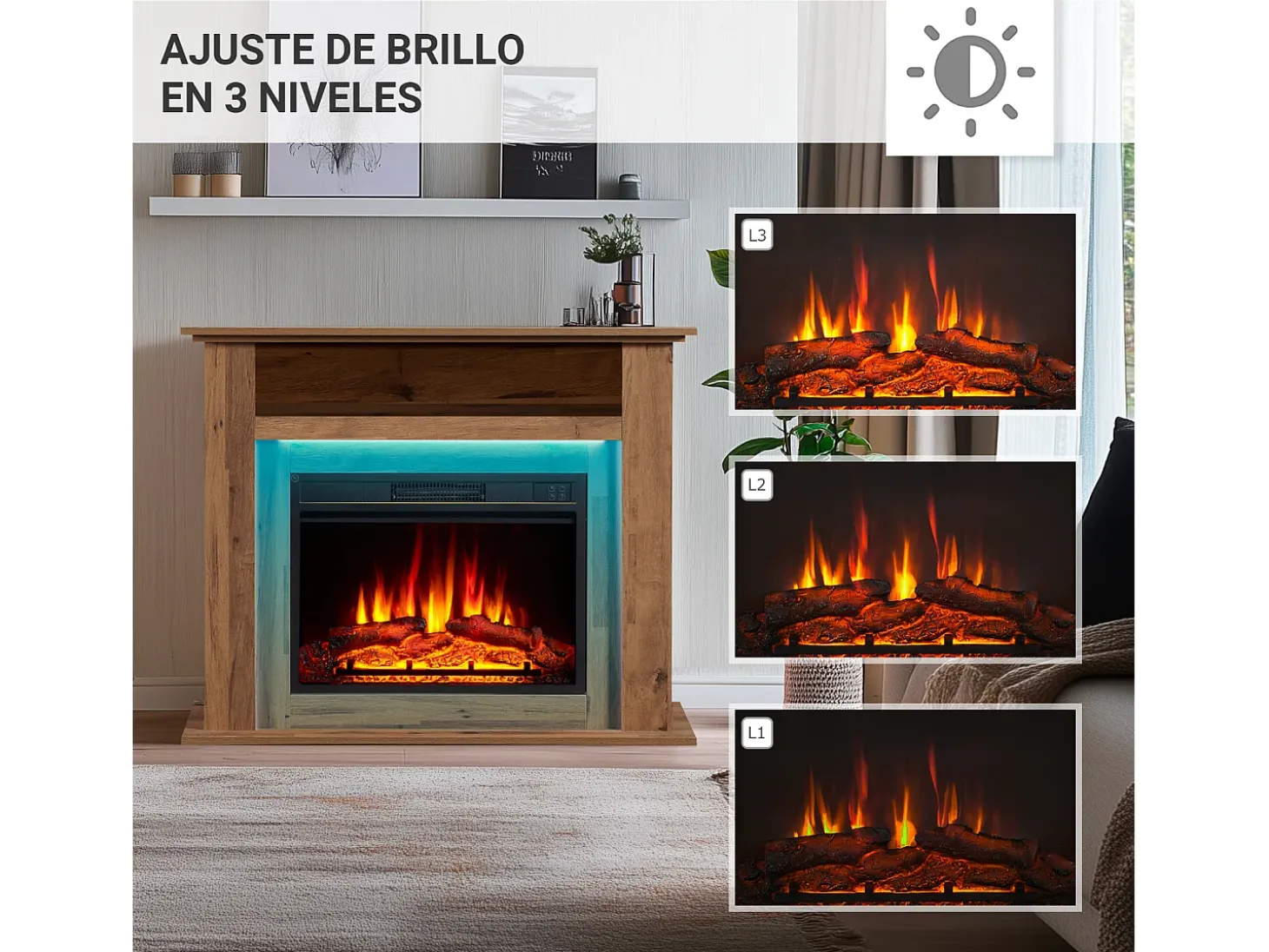 Chimenea eléctrica BALDERIA Liora - Chimenea de pie, estante, calefacción - Roble oscuro