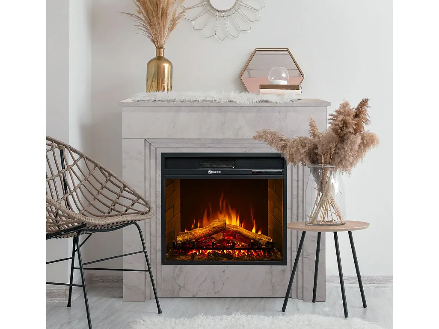 Chimenea eléctrica BELLINI, chimenea de pie en madera efecto mármol blanco, Made in Italy, L96 x P35 x H96