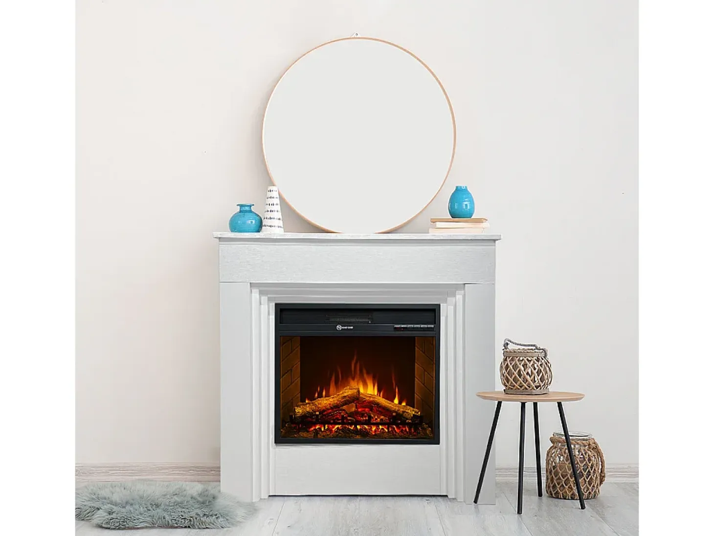 Chimenea eléctrica BELLINI, chimenea de pie, madera blanca, fabricada en Italia, L96 x P35 x H96