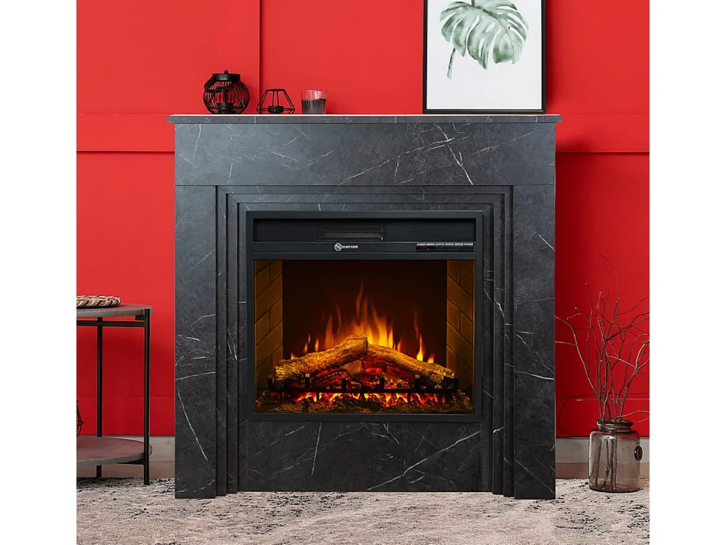 Chimenea eléctrica BELLINI, chimenea de pie en madera efecto mármol negro, Made in Italy, L96 x P35 x H96