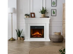 Chimenea eléctrica CAMBRIDGE, chimenea de pie, madera blanca, 110x25x95h