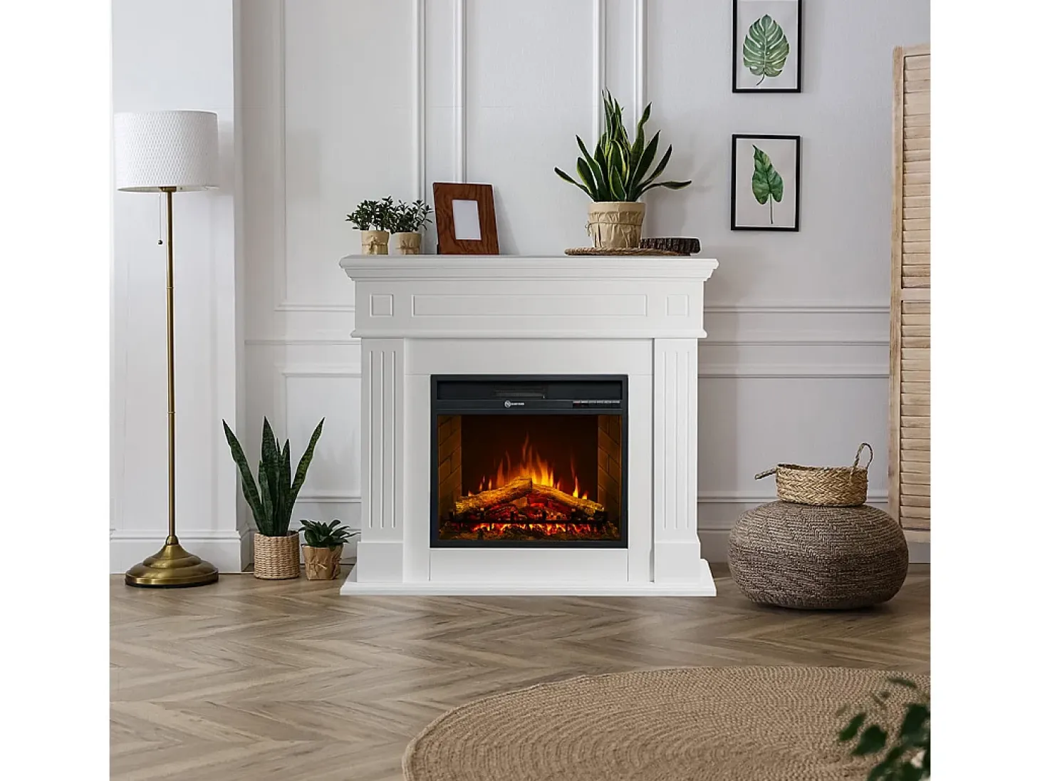 Chimenea eléctrica CAMBRIDGE, chimenea de pie, madera blanca, 110x25x95h