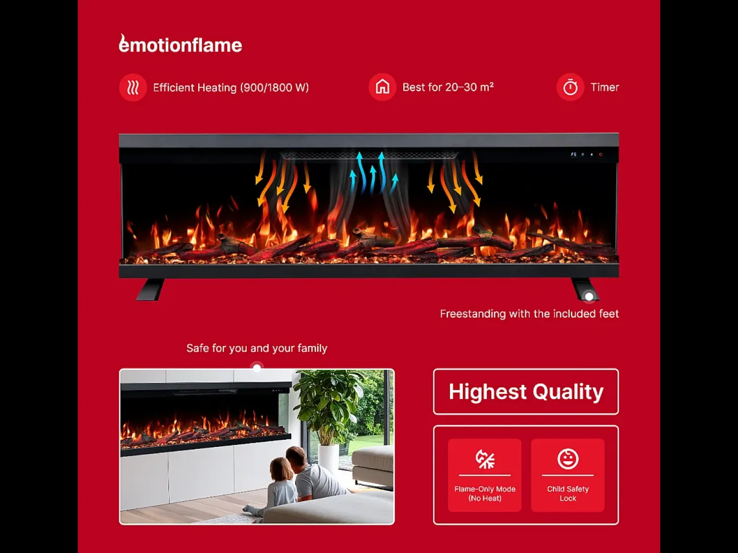 Chimenea eléctrica de 3 caras UNITY 183 - fuego premium, de pared o empotrada - 183x19x36 cm - LED decorativa con calefacción 900/1800W