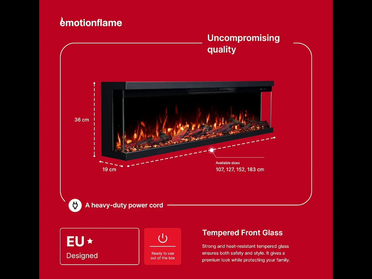 Chimenea eléctrica de 3 caras UNITY 183 - fuego premium, de pared o empotrada - 183x19x36 cm - LED decorativa con calefacción 900/1800W