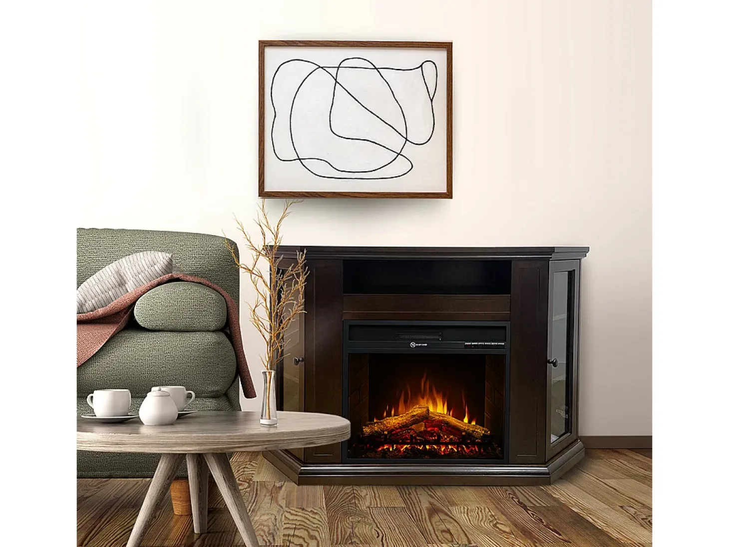 Chimenea eléctrica de esquina MADISON de nogal (largo x fondo x alto)