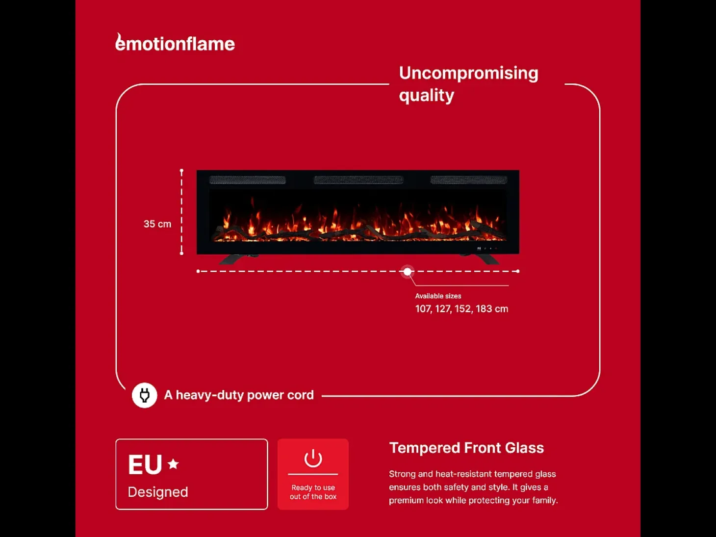 Chimenea eléctrica MONARCH 183 - fuego premium - de pared y empotrados - 183x13x35 cm - chimenea LED con calefacción 900/1800 W