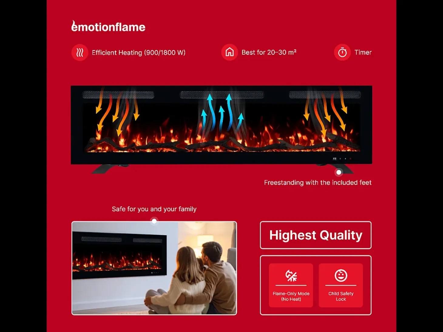 Chimenea eléctrica MONARCH 183 - fuego premium - de pared y empotrados - 183x13x35 cm - chimenea LED con calefacción 900/1800 W