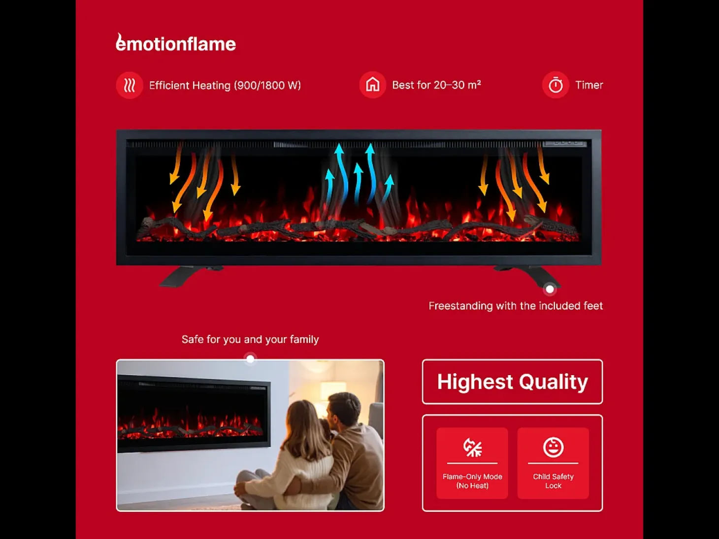 Chimenea eléctrica REGAL 126 - fuego premium - de pared y empotrados - 126x35x12 cm - chimenea LED decorativa con calefacción 900/1800 W