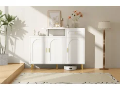 Cómoda / Aparador / Mueble de entrada con 2 estantes abiertos y 4 puertas, MDF, blanco (140x75x35 cm)
