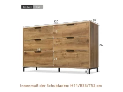 Cómoda 6 tiroirs, diseño industrial, panel de partículas, chêne foncé (120x40x76 cm)