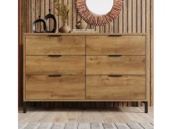 Cómoda 6 tiroirs, diseño industrial, panel de partículas, chêne foncé (120x40x76 cm)
